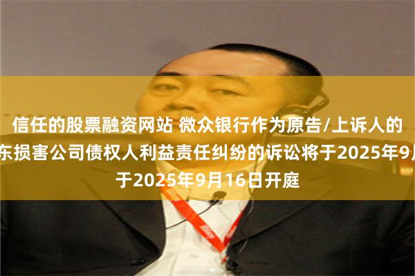 信任的股票融资网站 微众银行作为原告/上诉人的1起涉及股东损害公司债权人利益责任纠纷的诉讼将于2025年9月16日开庭
